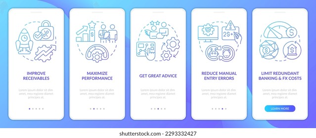 Treasury management benefits blue gradient onboarding mobile app screen. Walkthrough 5 steps graphic instructions with linear concepts. UI, UX, GUI template. Myriad Pro-Bold, Regular fonts used