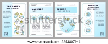 Treasury management light blue brochure template. Leaflet design with linear icons. Editable 4 vector layouts for presentation, annual reports. Arial-Black, Myriad Pro-Regular fonts used