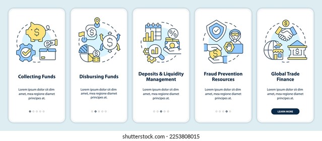 Servicios de gestión de tesorería a bordo de la pantalla de aplicaciones móviles. Recorrido 5 pasos instrucciones gráficas editables con conceptos lineales. UI, UX, plantilla GUI. Multitud de tipos de letra Pro-Bold, con uso regular