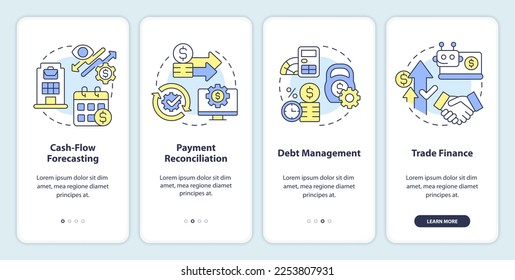 Treasury management system functions onboarding mobile app screen. Walkthrough 4 steps editable graphic instructions with linear concepts. UI, UX, GUI template. Myriad Pro-Bold, Regular fonts used