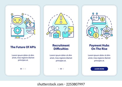Treasury management trends onboarding mobile app screen. Walkthrough 3 steps editable graphic instructions with linear concepts. UI, UX, GUI template. Myriad Pro-Bold, Regular fonts used