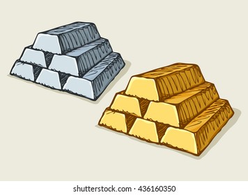 Treasury sell concept element: group of solid vault kg blocks isolated on white background. Freehand color hand drawn scribble sketch. Closeup view with space for text