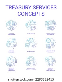 Treasury services blue gradient concept icons set. Company performance. Finance management idea thin line color illustrations. Isolated symbols. Roboto-Medium, Myriad Pro-Bold fonts used