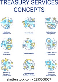 Treasury services concept icons set. Company performance. Finance management idea thin line color illustrations. Isolated symbols. Editable stroke. Roboto-Medium, Myriad Pro-Bold fonts used
