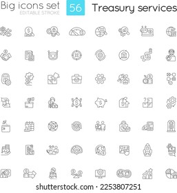 Treasury services linear icons set. Financial management. Finance operations. Business income. Customizable thin line symbols. Isolated vector outline illustrations. Editable stroke