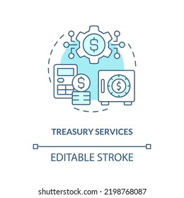 Treasury services turquoise concept icon. Customer money management. Business banking abstract idea thin line illustration. Isolated outline drawing. Editable stroke. Arial, Myriad Pro-Bold fonts used