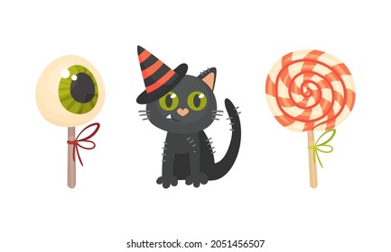 Treat and Candy on Stick and Black Cat as Halloween Holiday Symbol Vector Set