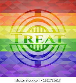 Treat emblem on mosaic background with the colors of the LGBT flag