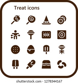  treat icon set. 16 filled treat icons. Simple modern icons about  - Caramelized apple, Lollipop, Witch, Biscuit, Voodoo doll, Candy, Popsicle, Jelly beans