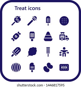 treat icon set. 16 filled treat icons.  Collection Of - Caramelized apple, Lollipop, Popsicle, Biscuit, Candy, Candy corn, Ice cream van, Cotton candy, Voodoo doll, Jelly beans