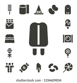 treat icon set. 17 filled treat icons.  Collection Of - Popsicle, Chocolate bar, Candy, Lollipop, Voodoo doll, Bandages, Witch, Jelly beans, Ghost