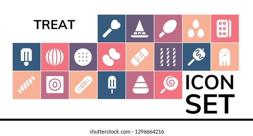  treat icon set. 19 filled treat icons. Simple modern icons about  - Lollipop, Popsicle, Candy, Bandage, Candy corn, Biscuit, Jelly beans, Caramelized apple, Ghost, Witch, Cotton candy