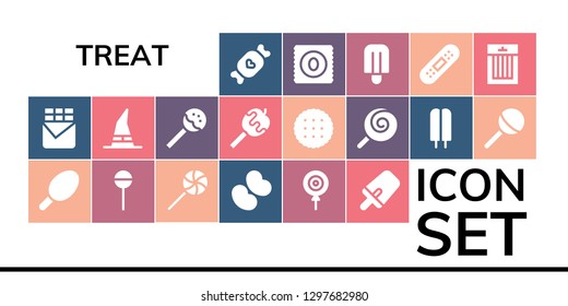  treat icon set. 19 filled treat icons. Simple modern icons about  - Candy, Chocolate bar, Cotton candy, Lollipop, Jelly beans, Popsicle, Witch, Caramelized apple, Biscuit, Bandage