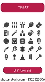 treat icon set. 25 filled treat icons.  Collection Of - Cotton candy, Candy, Voodoo doll, Jelly beans, Biscuit, Lollipop, Candies, Popsicle, Candy corn, Caramelized apple, Witch