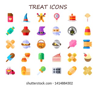 treat icon set. 30 flat treat icons.  Collection Of - chocolate bar, witch, voodoo doll, candy, cake slice, popsicle, cupcake, mummy, haunted house, candy corn, band aid, trick or treat