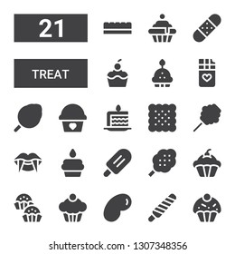 treat icon set. Collection of 21 filled treat icons included Cupcake, Popsicle, Jelly beans, Bonbon, Cotton candy, Vampire, Biscuit, Cake slice, Chocolate bar, Bandage