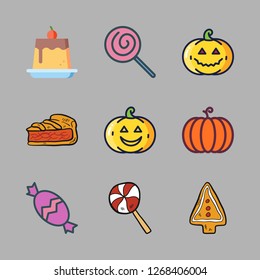 treat icon set. vector set about cookie, pumpkin, pie and lollipop icons set.