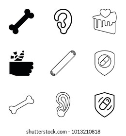 Treat icons. set of 9 editable filled and outline treat icons such as bone, ear, health insurance, injured finger, cake slice