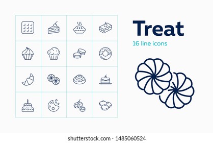 Treat icons. Set of line icons on white background. Sweet food, pastry, bakery. Homemade food concept. Vector can be used for topics like food, unhealthy eating, gastronomy