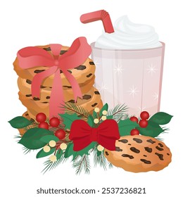 Treat for Santa Claus. Glass of milk and tasty homemade cookies with chocolate in a wreath of fir branches, holly, holly and a lush bow. Vector illustration in flat style. For posters, banners, cards