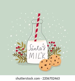 Treat for Santa Claus. Milk in bottle with straw and chocolate cookies. Decoration of twigs, leaves and berries. Hand drawn "Santa's milk" lettering. Vector Christmas illustration.