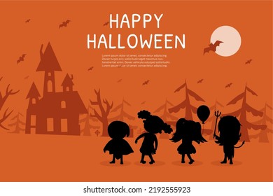 Treat or trick halloween background. Cute kids silhouette in pumpkin and witch costume, happy ghost and devil, monster party card or poster. Little boys and girls. Vector cartoon banner