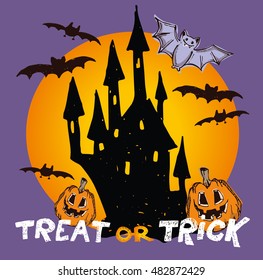 Treat or trick. Halloween Castle. Halloween hand drawn  doodle illustration. Vector illustration.