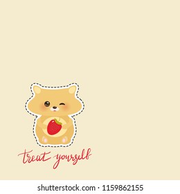Treat yourself. Card banner template. Hand drawn calligraphy. cute kawaii hamster with fresh Strawberry, pastel colors on beige background. Vector