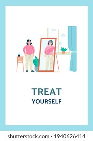 Treat yourself poster with overweight woman, flat vector illustration.
