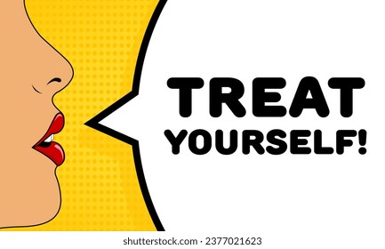 Treat yourself sign. Flat, color, talking lips, treat yourself sign. Vector icon