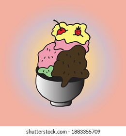 Treat yourself to a visual delight with this charming hand-drawn illustration of strawberry and chocolate ice cream in a bowl. Topped with luscious cherries and ripe strawberries 