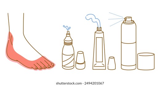 Treating athlete's foot: Illustration set of how to apply athlete's foot medicine (ointment, liquid, spray)