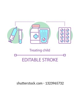 Treating child concept icon. Childcare idea thin line illustration. Vaccination, immunization. Medication. Pills pack, syringe, lab flask. Healthcare. Vector isolated outline drawing. Editable stroke