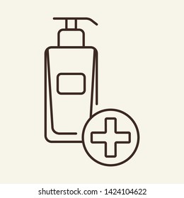 Treating cosmetics line icon. Bottle, lotion, cosmetic product, medical cross. Beauty care concept. Vector illustration can be used for topics like cosmetology, dermatology, treatment