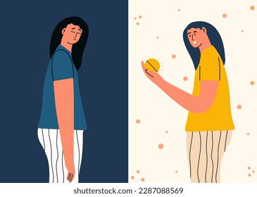 Tratar la depresión con un curso de concepto de antidepresivos. La mujer sufre de un trastorno depresivo y es tratada con medicación. Ilustración del vector con estilo dibujado a mano