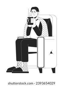 Treating flu at home black and white cartoon flat illustration. Asian sick man drinking tea in armchair 2D lineart character isolated. Warming up, stay hydrated monochrome scene vector outline image