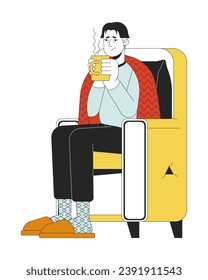 Treating flu at home line cartoon flat illustration. Asian sick man drinking tea in armchair 2D lineart character isolated on white background. Warming up, staying hydrated scene vector color image