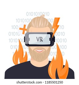 Treating pain caused by burns. Man in virtual reality headset reducing the pain. Vector illustration in flat style