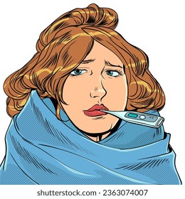 Tratar a los enfermos, cuidar a los seres queridos. Una chica con el pelo castaño en una manta con medicina termómetro y salud
