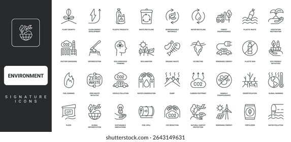 Treatment of air and water pollution, CO2 reduction, forest and animal care thin black red symbols vector illustration. Environment problem and solution to save ecology of planet Earth line icon set.