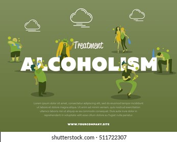 Treatment alcoholism. Overtaken with drink man woman with bottle. Booze addiction social problem vector illustration. Stop alcoholism. Alcohol abuse treatment banner. Physical health restoration
