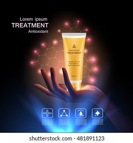 Treatment Antioxidant Cream , Vitamin Beauty Concept Skin Care Cosmetic.Background Vector Concept With Gold Package In Hand And Lighting Effect  