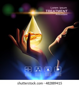 Treatment Antioxidant Cream , Vitamin Beauty Concept Skin Care Cosmetic.Background Vector Concept With  Vitamin E Capsules In Gold Drop Of Water Above Beauty  Hand And Face Lady