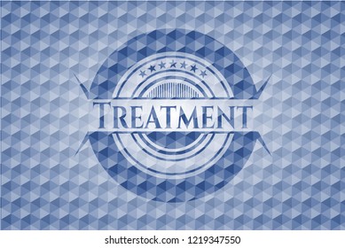 Treatment blue badge with geometric pattern background.