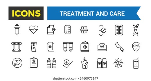 Treatment and Care Icon, Emergency, Pharmacology And More, Thin Line Icons Set, Vector Illustration