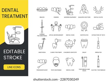 Treatment and care of teeth in dentistry, line icon set in vector, illustration of qualified doctors and modern equipment, braces and veneers, dental floss and apical microsurgery. Editable stroke.