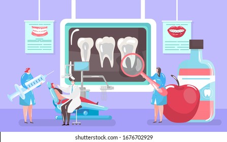 Treatment of caries concept, x-ray tooth and medical cure by dentist and patinet in dental chair mini people cartoon vector illustration. Caries and hygiene, dentistry medicine, stomatological clinic.