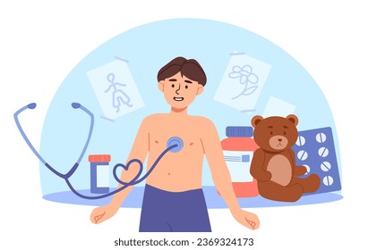 Treatment of child concept. Little boy near teddy bear and medicines, stethoscope. Patient at therapist check up. Healthcare and treatment, diagnosis. Cartoon flat vector illustration