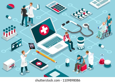 Treatment, clinic assistance on medicine services. Patient concept and clinic diagnosis. Patient assistance with healthcare technology. Infographics, banner. Flat images, vector illustration.