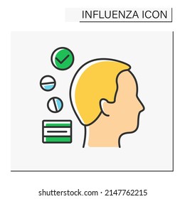 Treatment color icon. Medications for headache relief, elimination of migraine symptoms and complete cure. Healthcare. Influenza concept. Isolated vector illustration